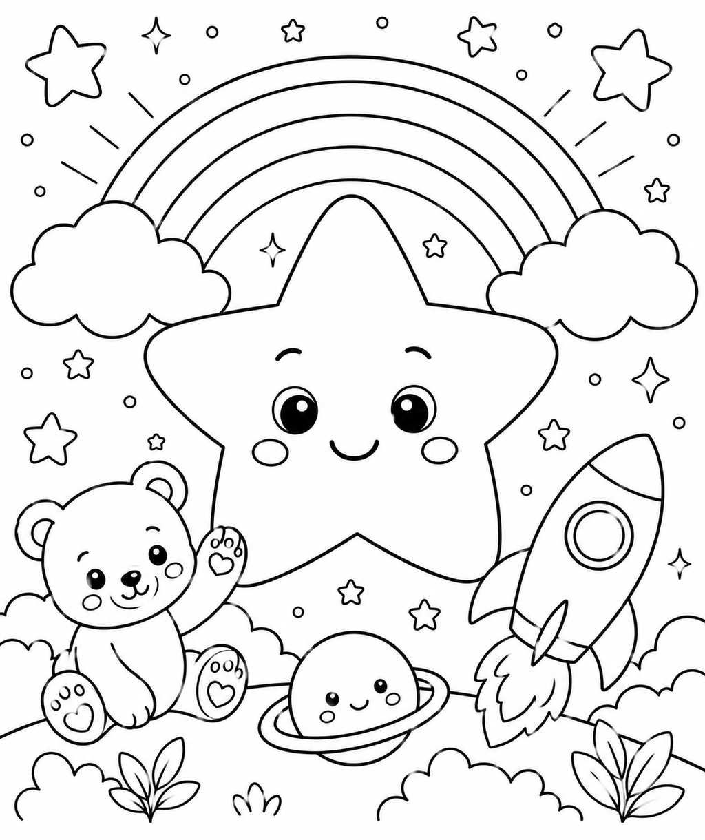 Bear Rainbow and Star Coloring Page Printable PDF