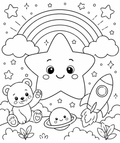 Bear Rainbow and Star Coloring Page Printable PDF