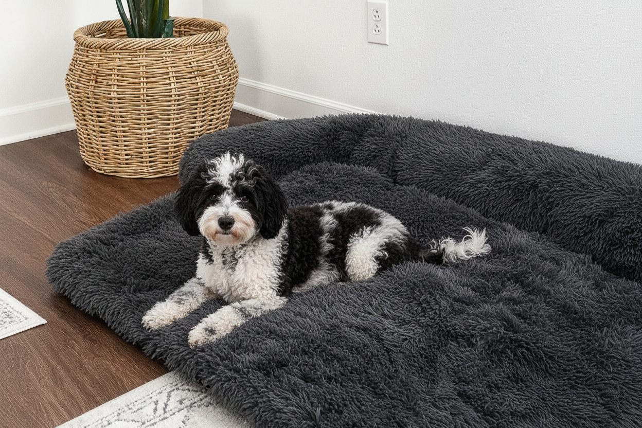 Dog lying on a fluffy dark gray pet bed in a home setting with a plant and wall outlet.